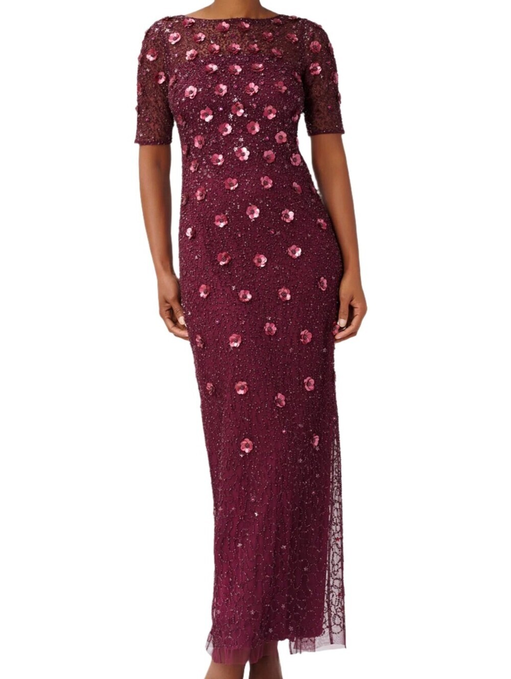 Adrianna Papell Boat Neck Short Sleeves Long Beaded Dress Size 4